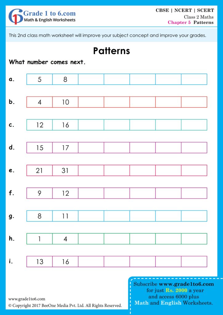 Printable 2nd class NCERT worksheet for identifying number patterns