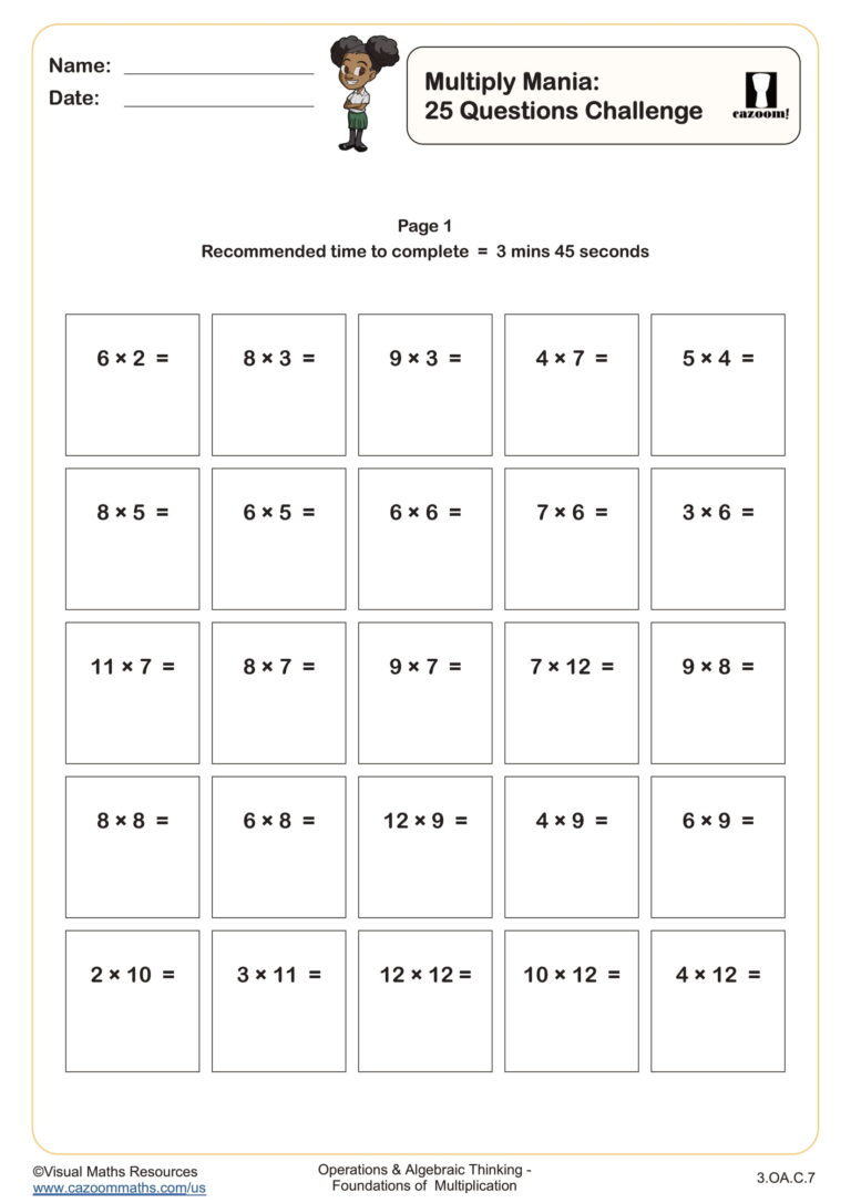 Free printable Multiply Mania worksheet with 25 multiplication questions for 2nd Grade 3rd Grade Math Worksheets