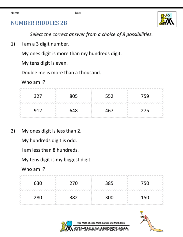 Engaging 2nd Grade Cbse Maths Worksheets featuring number riddles for place value practice
