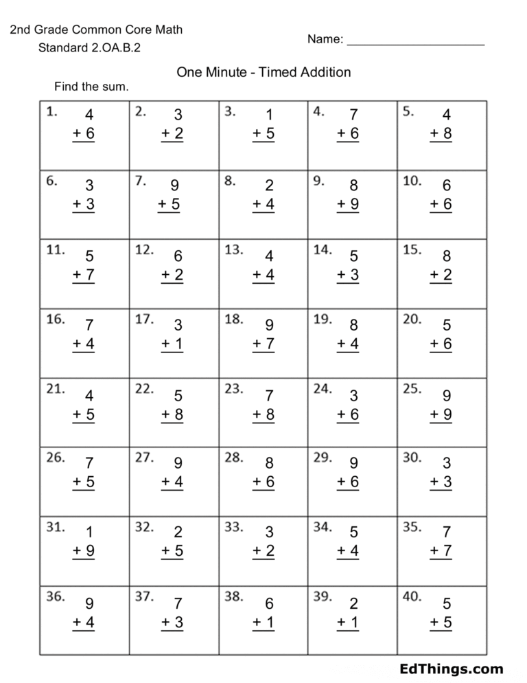 Printable 2nd Grade Common Core Math Practice Sheets featuring timed addition problems for students