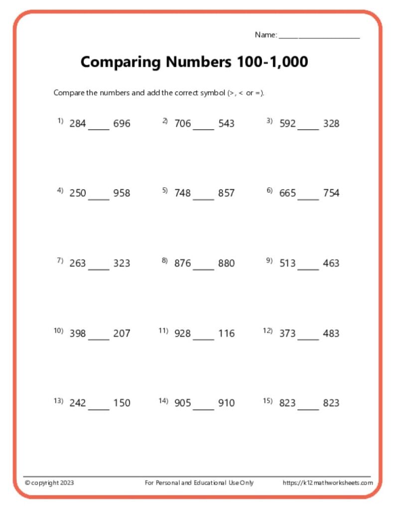 Second Grade Comparaison Math Worksheets for comparing numbers 100 to 1000 with various exercises