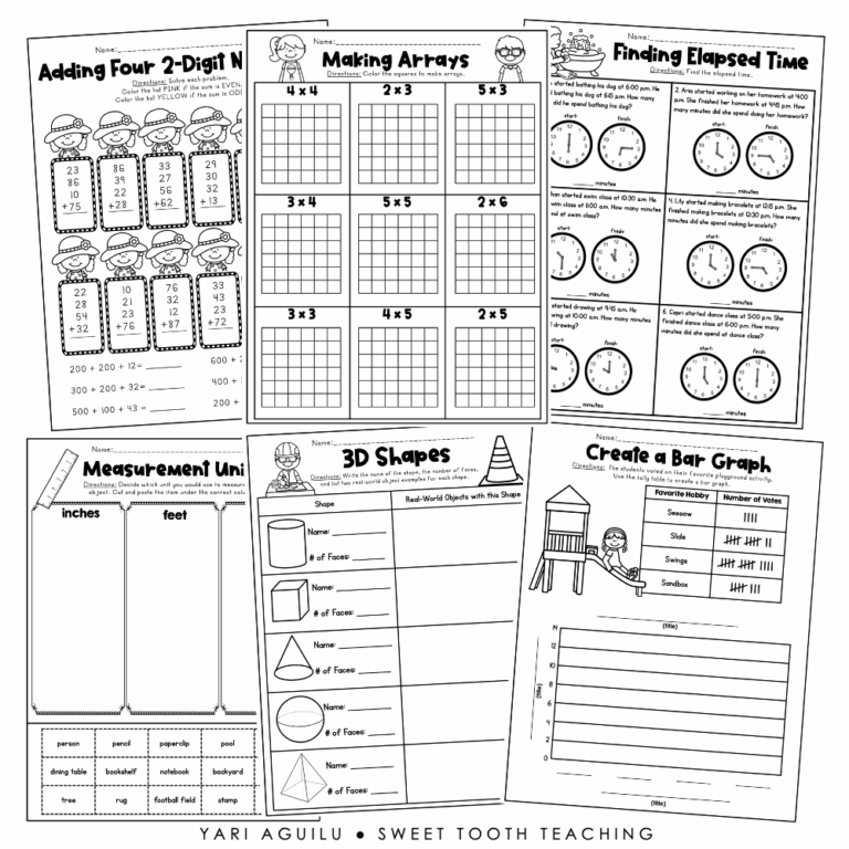Collection of 2nd Grade End Of Year Math Review Worksheets featuring various math exercises