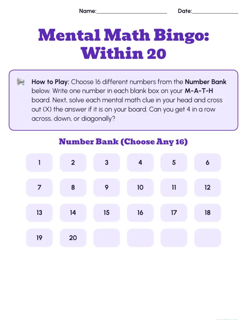 2nd grade mental math bingo game with a number bank for students