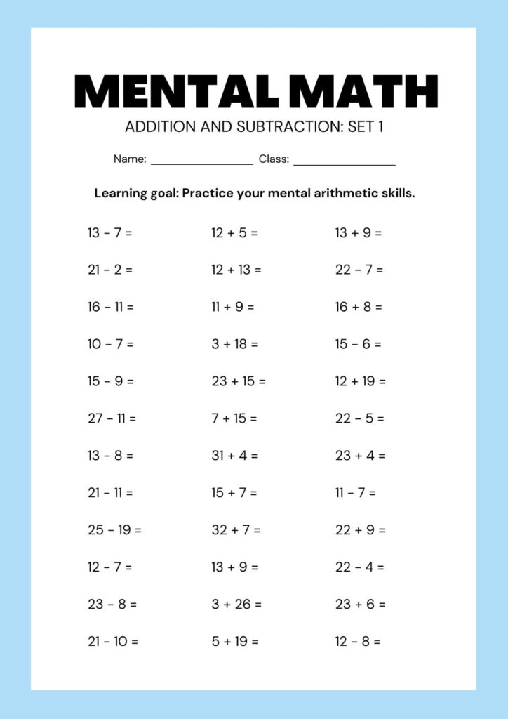2nd Grade Mental Math Addition and Subtraction Worksheet Printable mental math worksheet for 2nd grade focusing on addition and subtraction