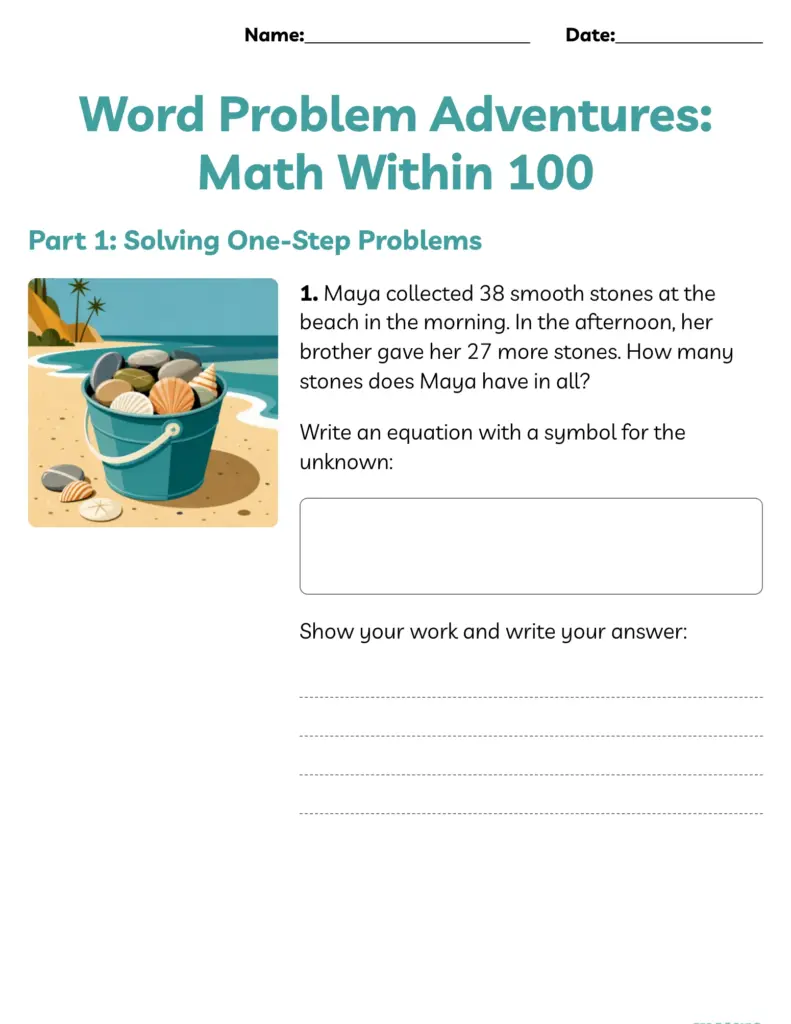 2nd Grade Math Word Problem Adventures Worksheet Worksheet for 2nd grade featuring one-step math word problems for students to solve