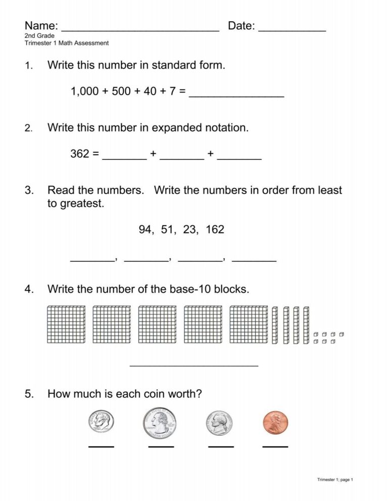 2nd Grade Math Assement Worksheet - Free printable 2nd Grade Math Assessment Worksheet with various math problems and exercis