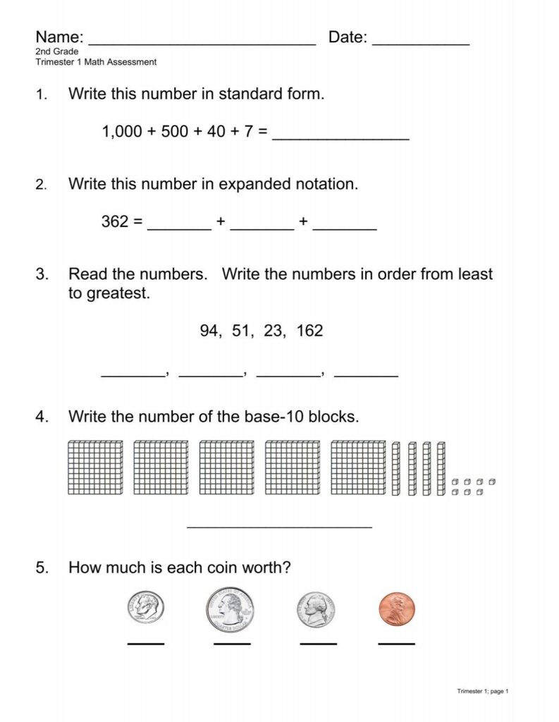 2nd Grade Math Assement Worksheet