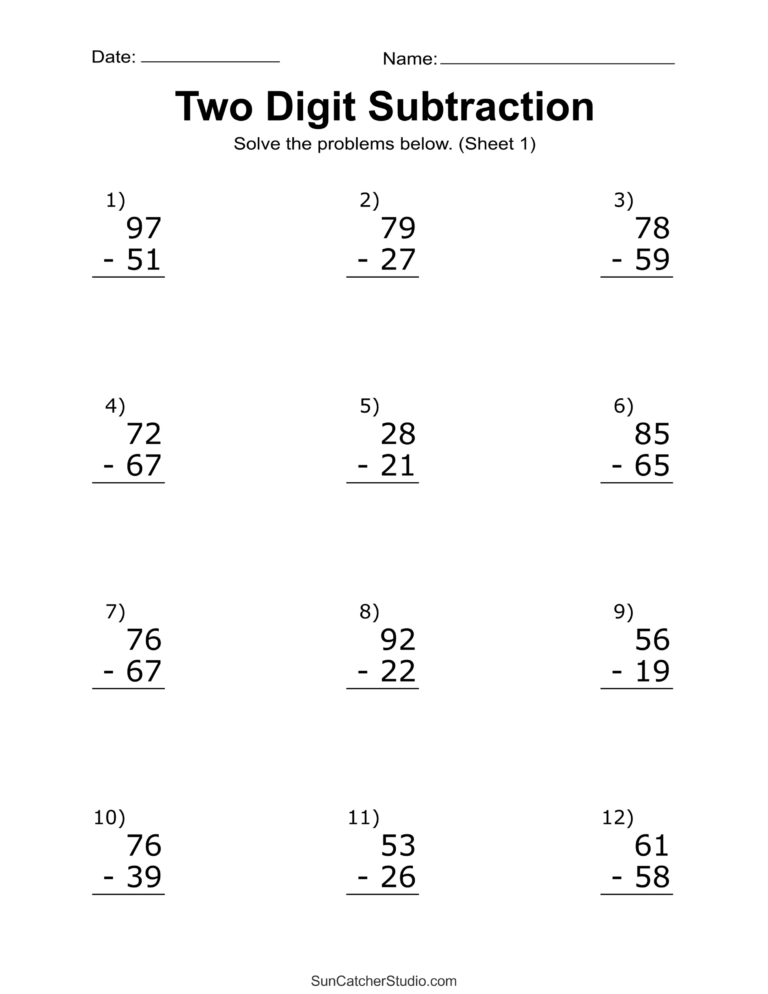 Printable 2nd Grade Math Drill Sheets featuring two digit subtraction problems for practice