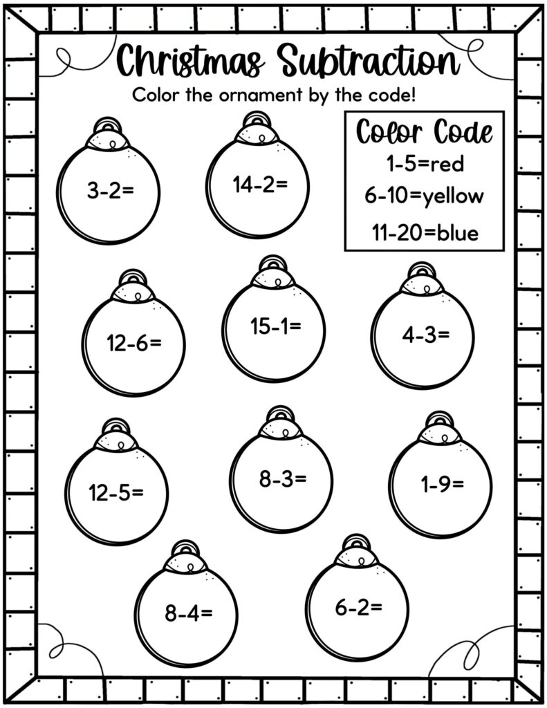 Engaging 2nd Grade Math Holiday Worksheets featuring Christmas-themed subtraction problems