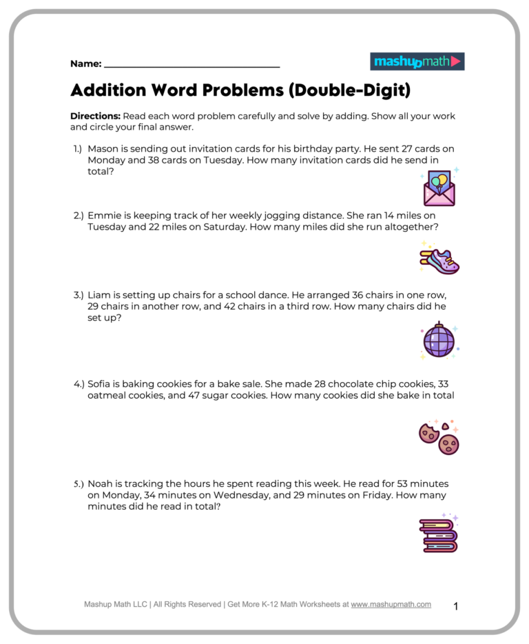 Free printable 2nd Grade Math Online Worksheets featuring double-digit addition word problems