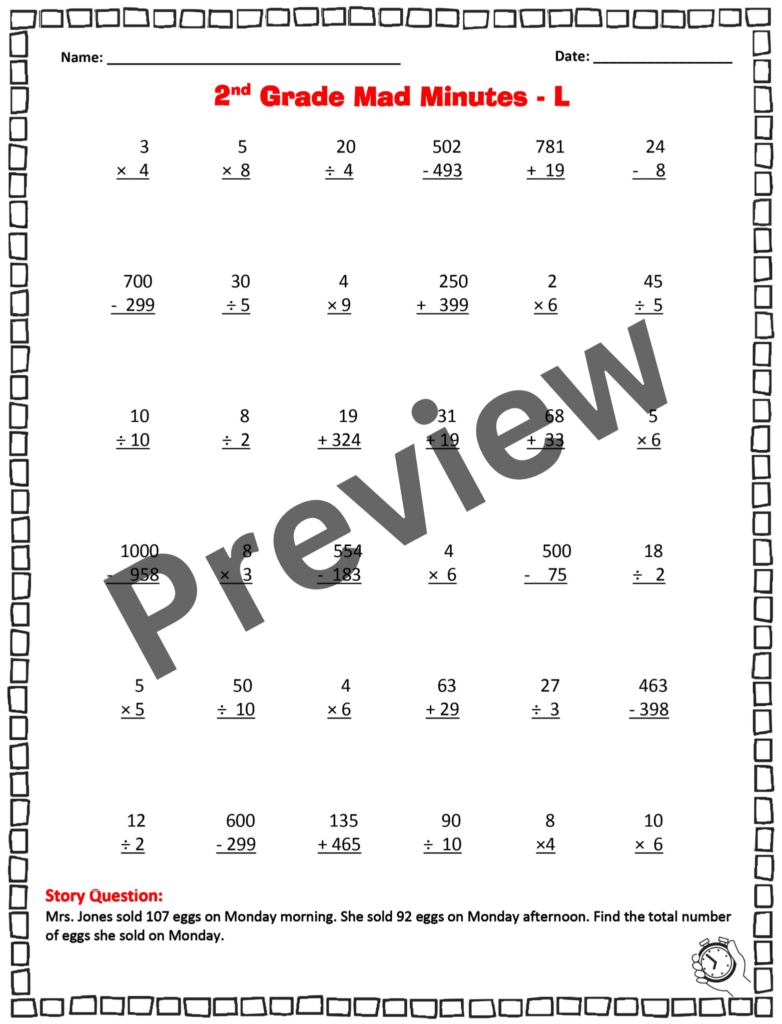 Second Grade Math Ditto Sheets featuring a review of addition, subtraction, and multiplication problems