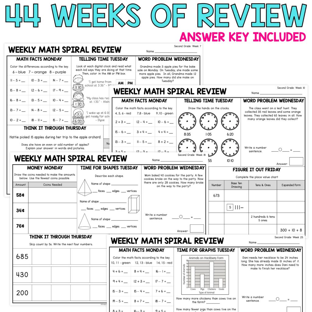 Answer key for 2nd grade math spiral review worksheets including various math problems