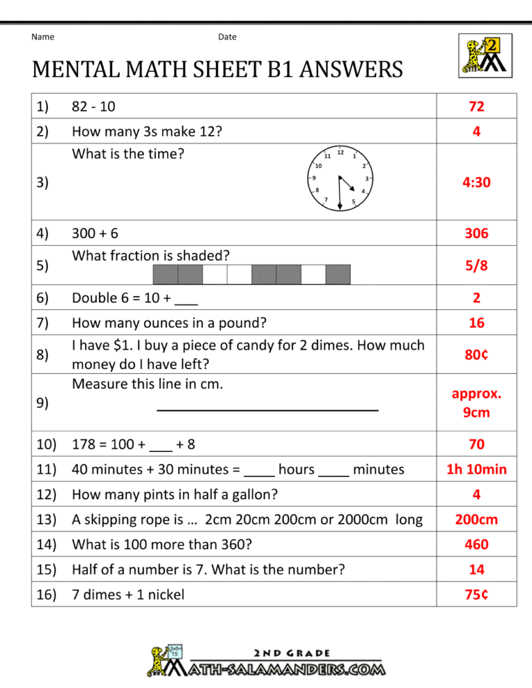 Printable 2nd Grade Math Test Sheet featuring mental math problems and answers