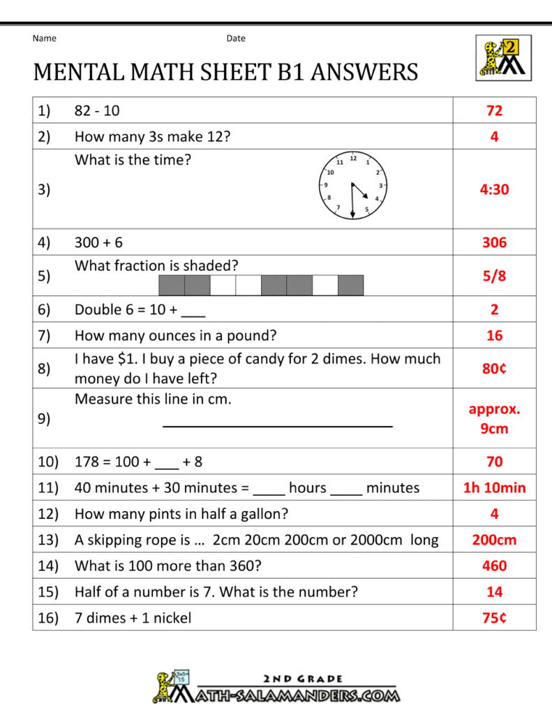 2nd Grade Math Test Sheet