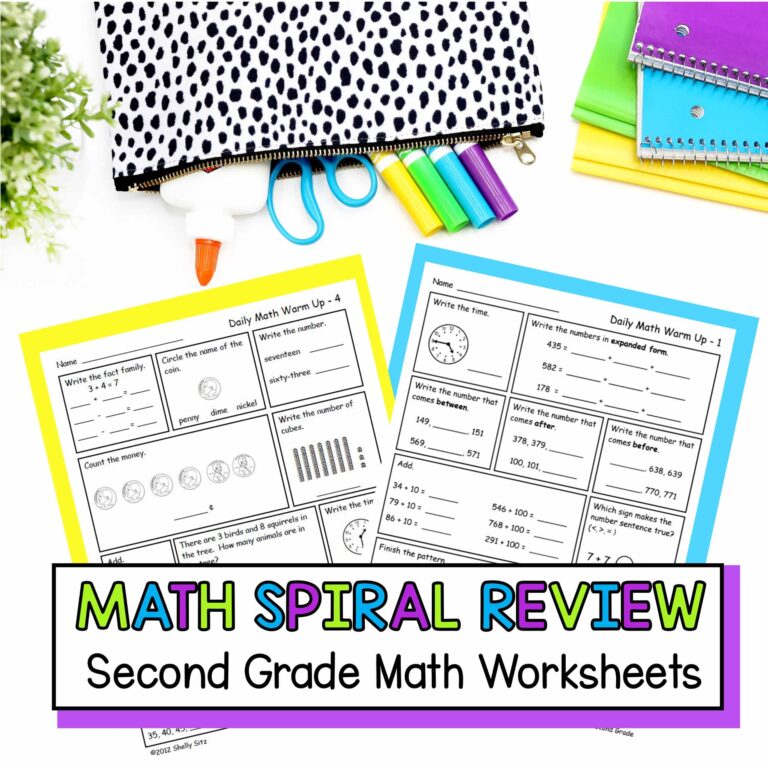 Colorful 2nd Grade Math Warm Up Worksheets featuring math problems and a pencil case