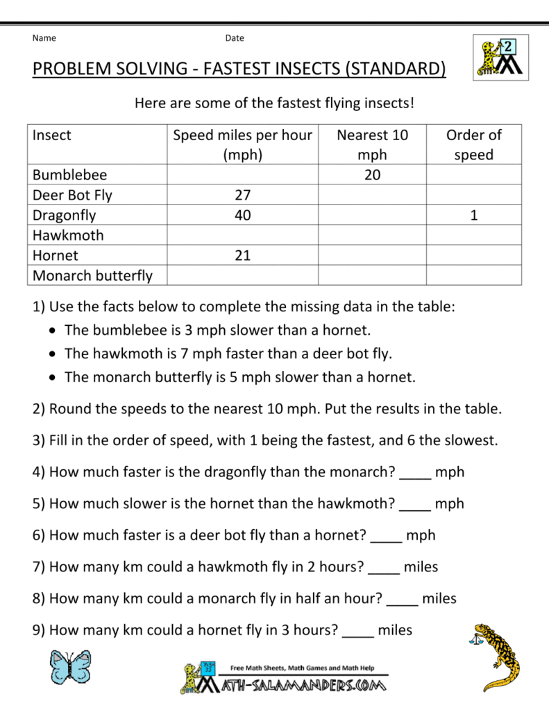 Worksheet featuring various 2nd grade math word problems for students
