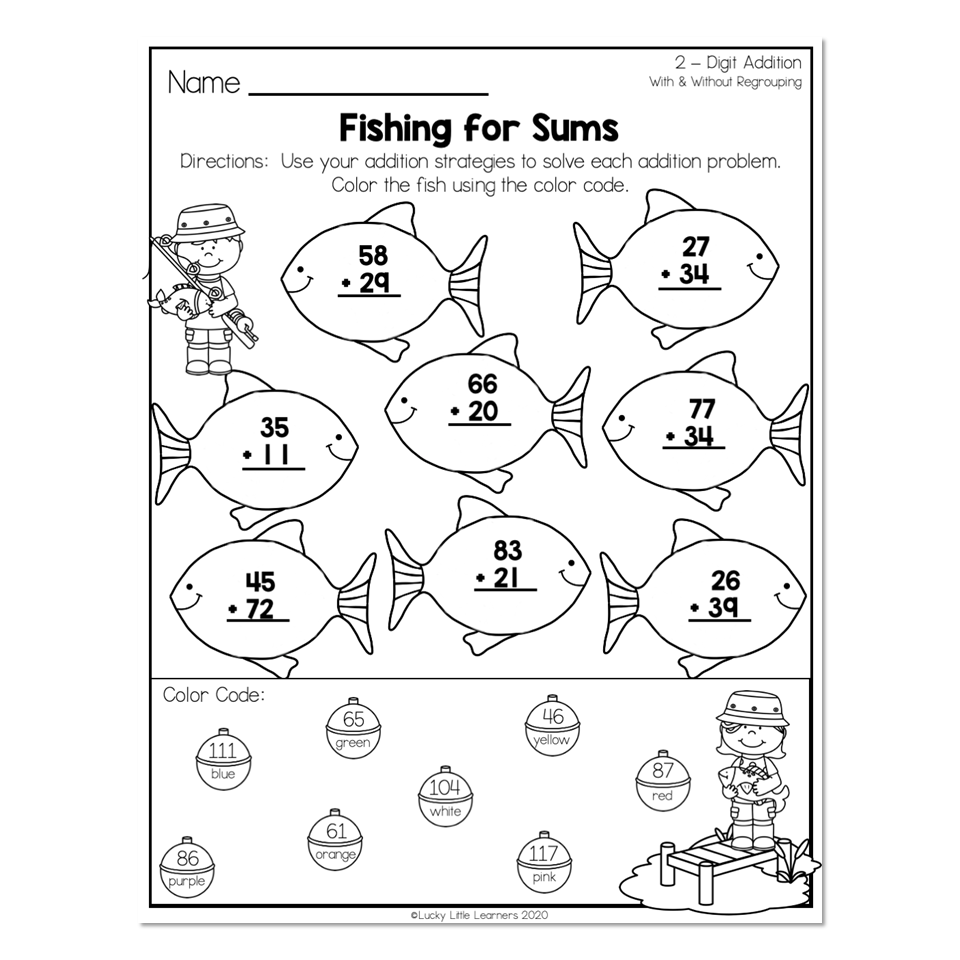 Fun 2 digit addition worksheet for Year 2 students featuring a fishing theme