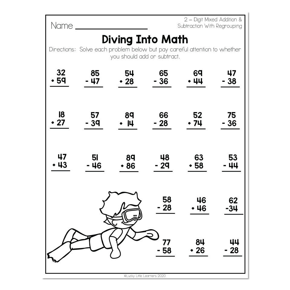 2nd Grade Math Worksheets: 2 Digit Mixed Addition and Subtraction Printable 2nd grade math worksheet with 2 digit mixed addition and subtraction problems