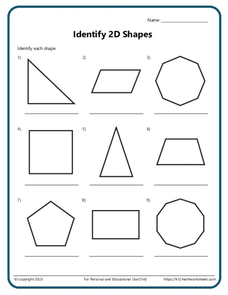 Printable 2nd grade math worksheets for identifying 2D shapes with various geometric figures