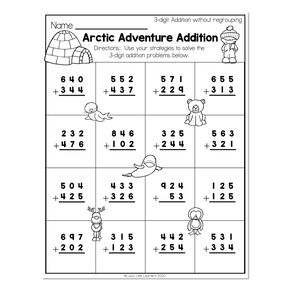 Printable Arctic Adventure worksheet for 2nd grade math with 3-digit addition problems without regrouping