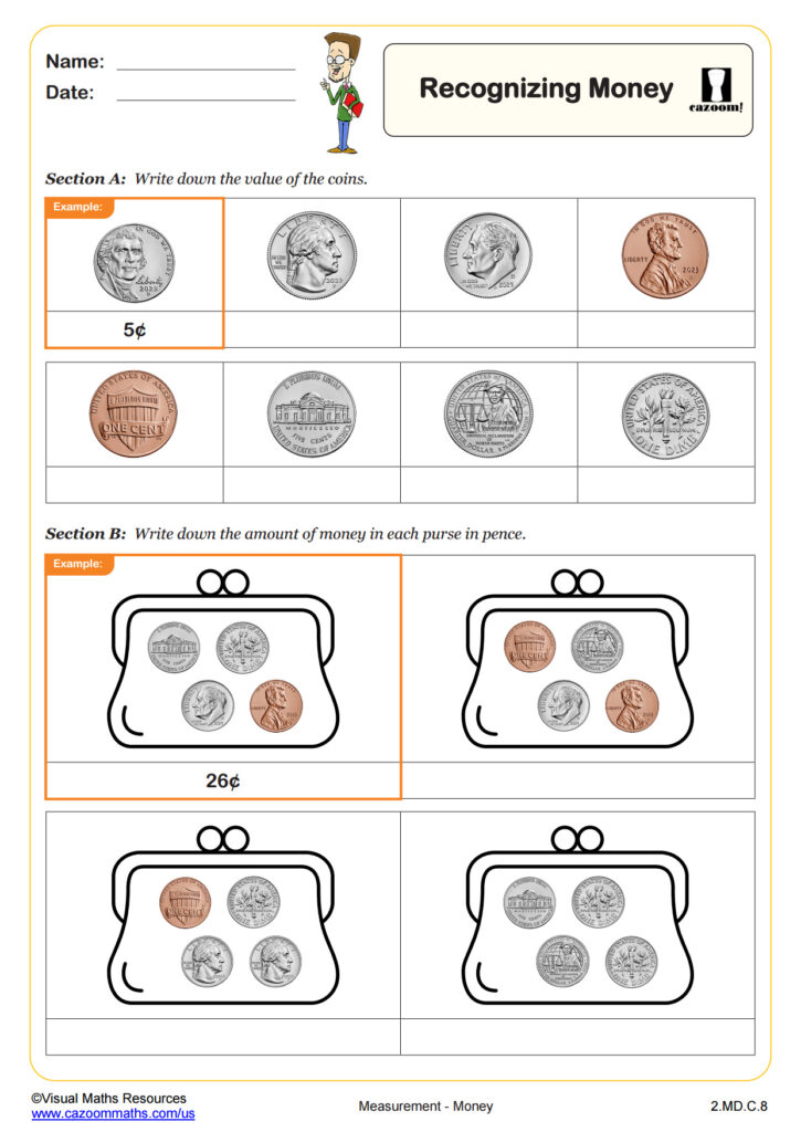 Printable 2nd grade math worksheet for recognizing money with coins and values