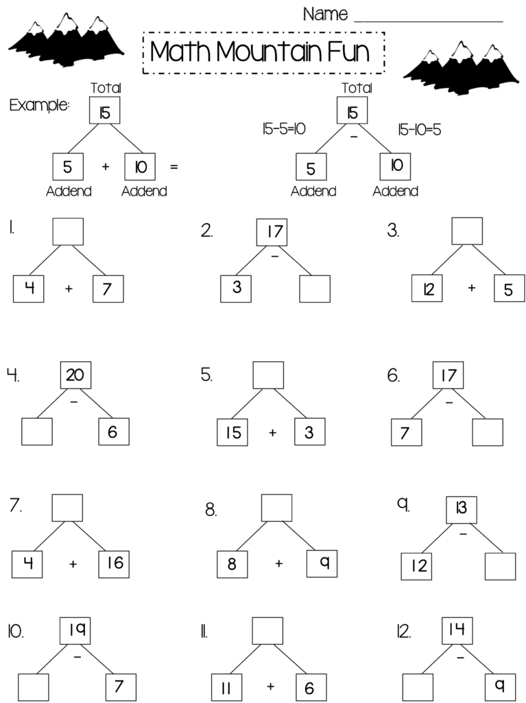 2nd grade math worksheets with a Math Mountain activity for addition practice