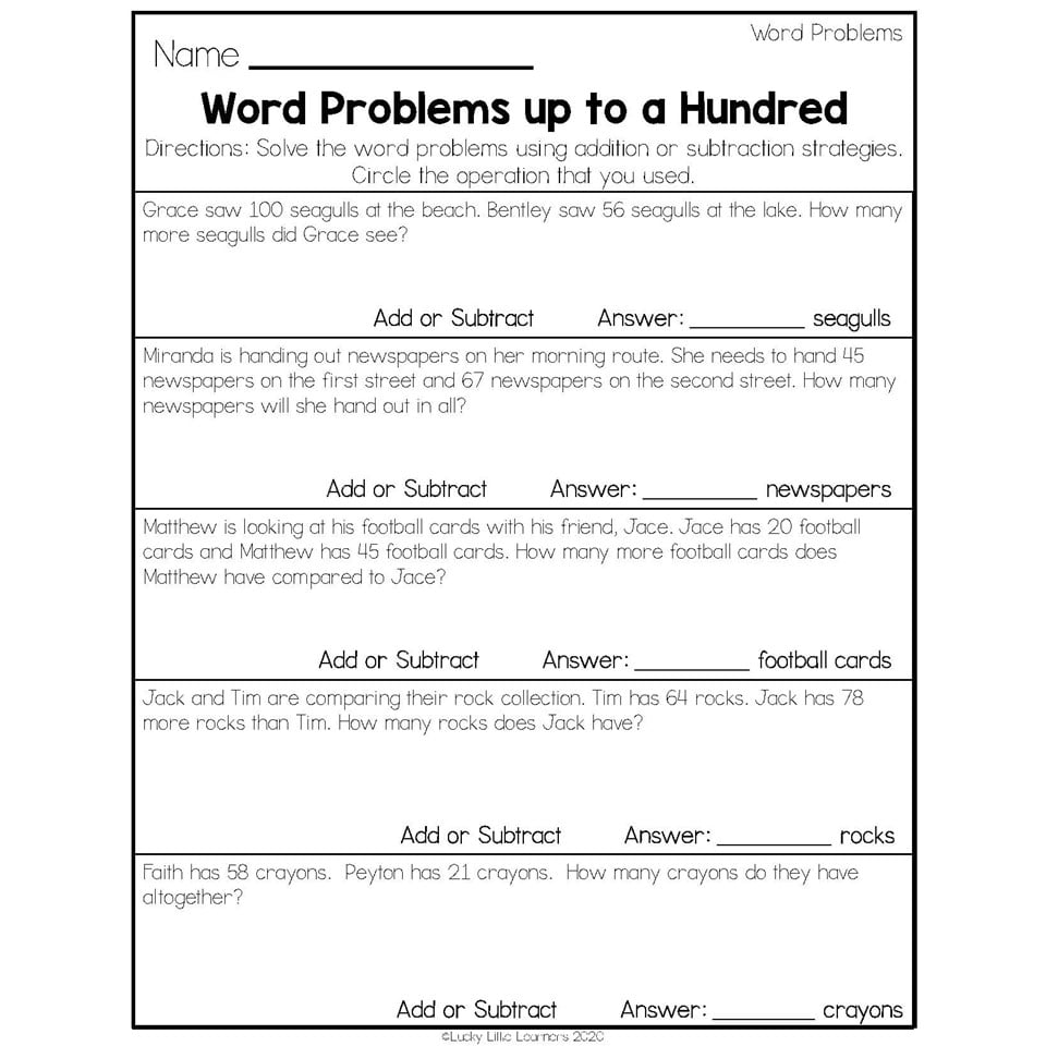 Printable word problems worksheet for second graders focusing on operations and algebraic thinking
