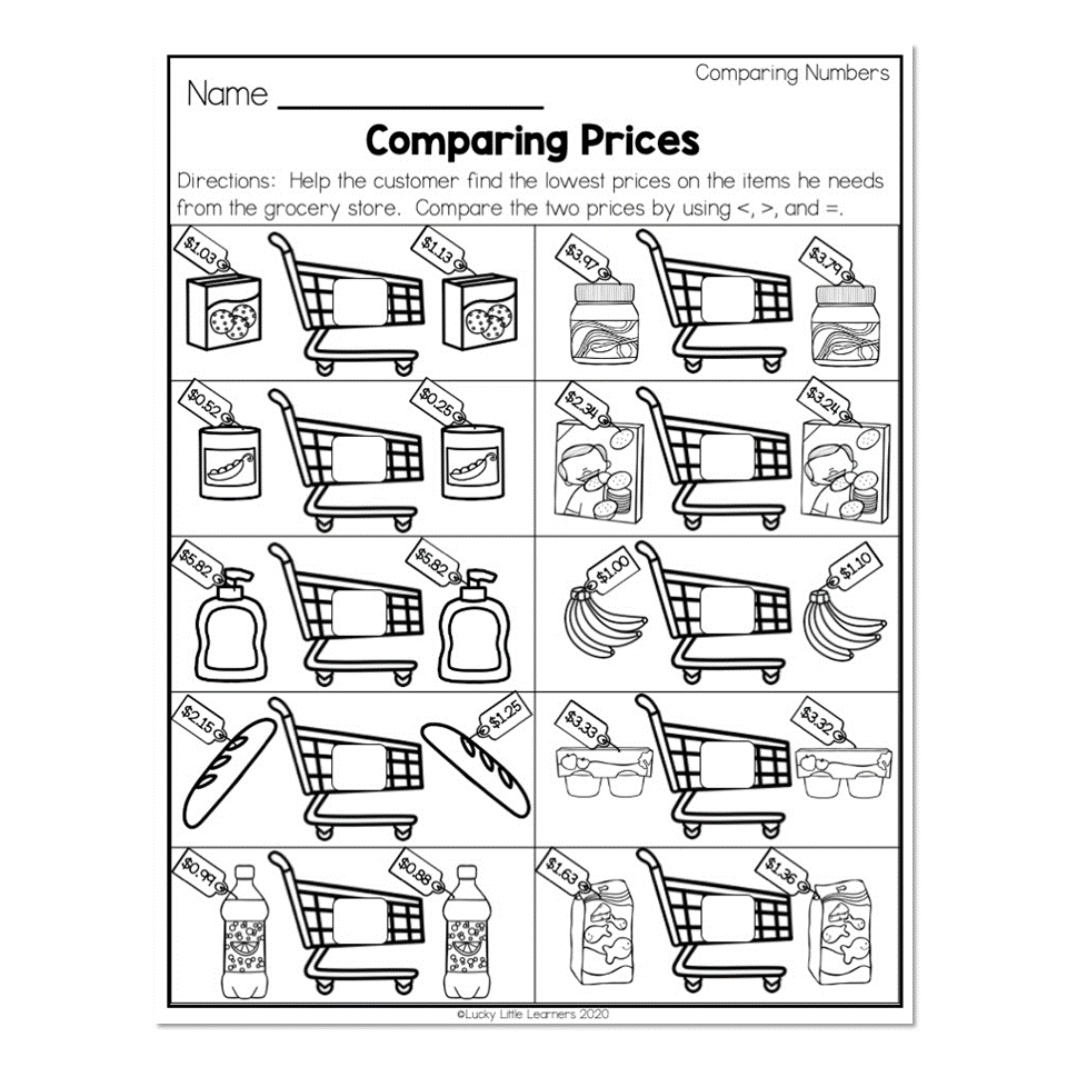 Second Grade Comparaison Math Worksheets focused on comparing prices with grocery items