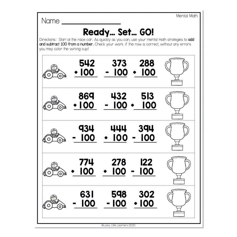 Worksheet for 2nd grade focusing on place value and mental math strategies