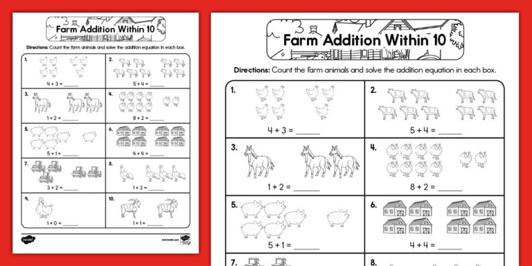 2nd Grade Printable Math Worksheets Farming featuring a farm addition within 10 activity sheet