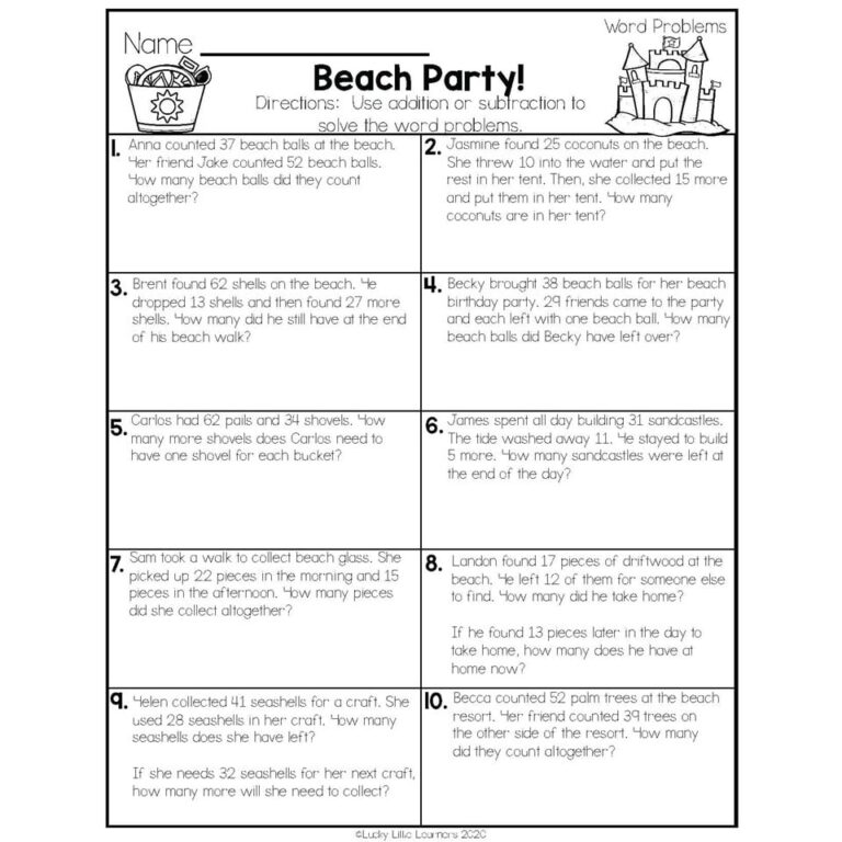Engaging 2nd Grade Prob 6 Math Work Sheets featuring beach party themed word problems