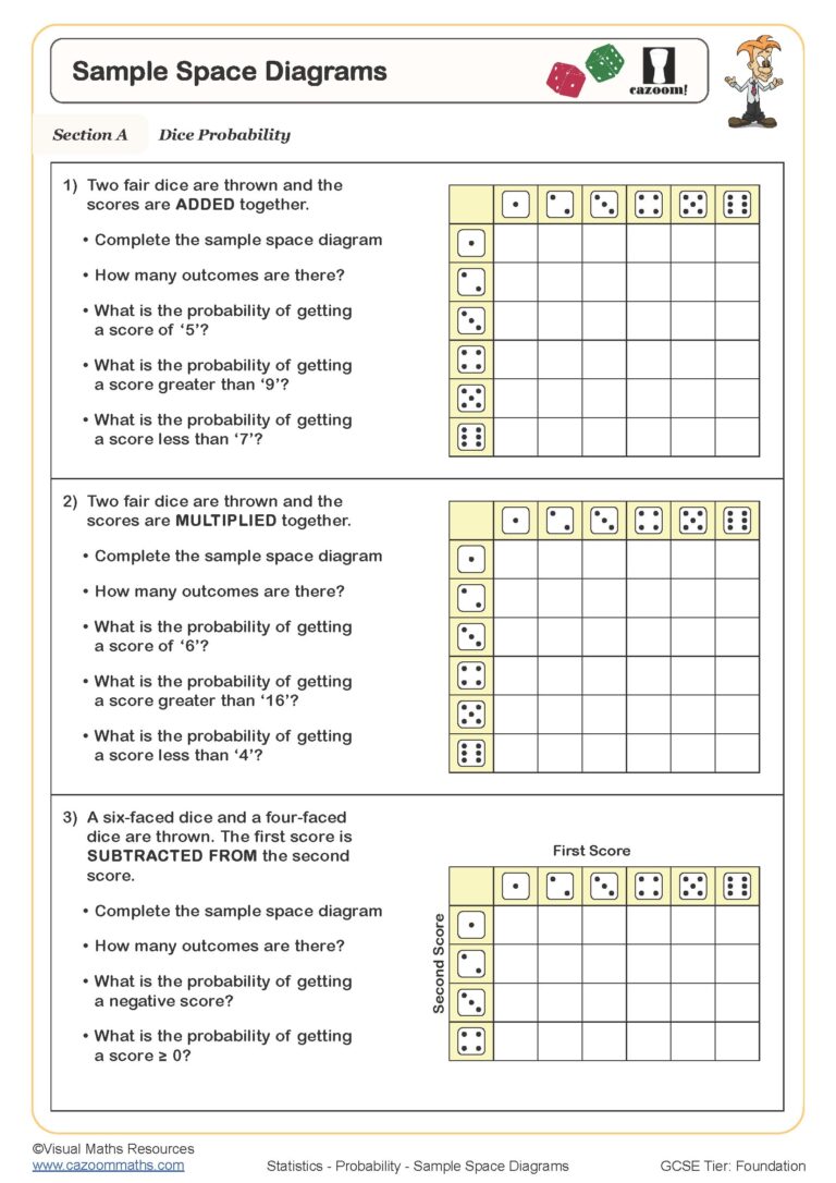 Free printable 2nd Grade Space Math Worksheets featuring sample space diagrams for probability exercises