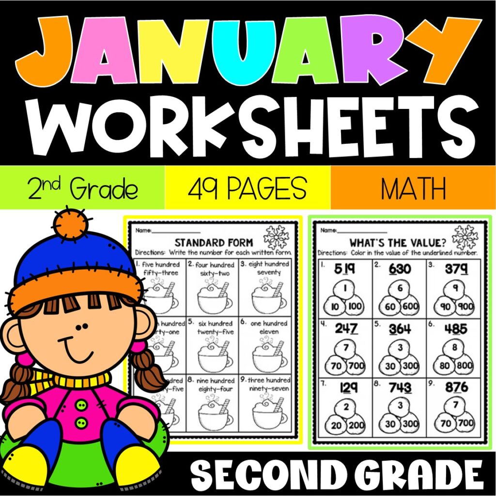 Colorful winter-themed math worksheets for 2nd grade students