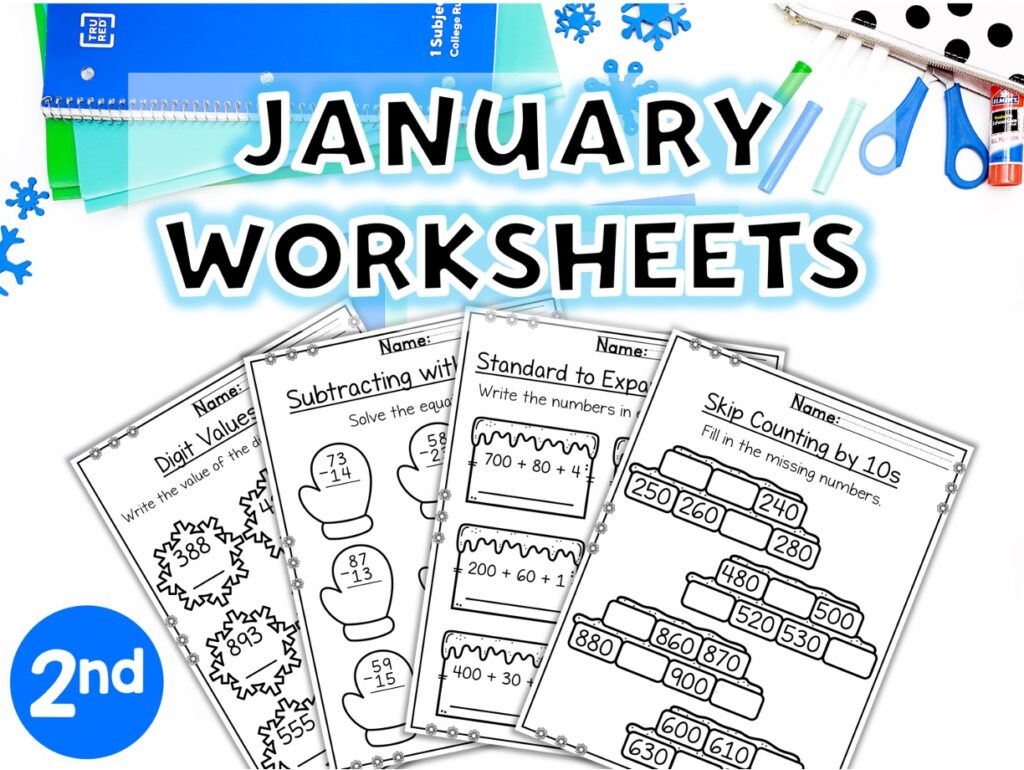 Colorful January math worksheets for 2nd graders featuring various math activities