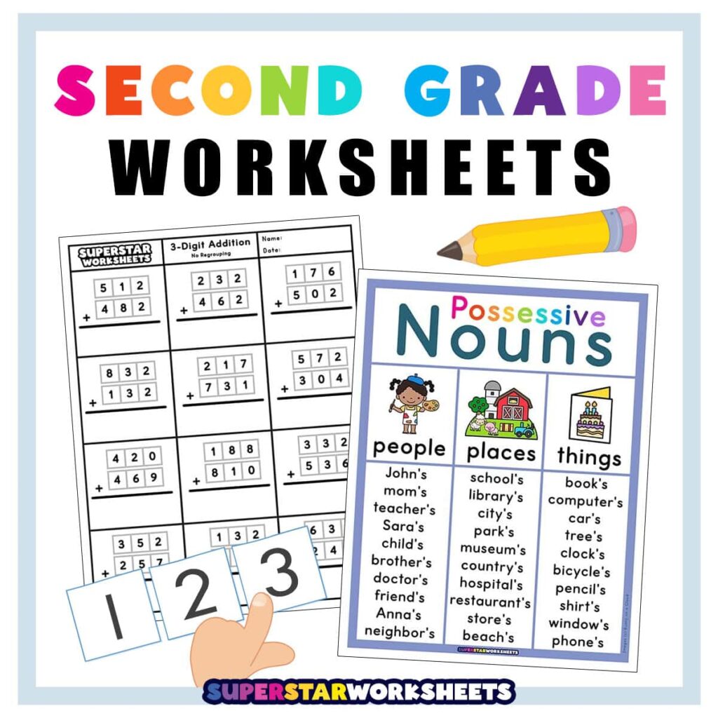 Colorful printable worksheets for 2nd grade covering various subjects including math