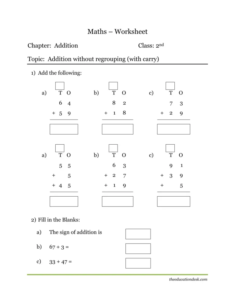 Free printable 2nd Std Cbse Maths Worksheet focusing on addition without regrouping