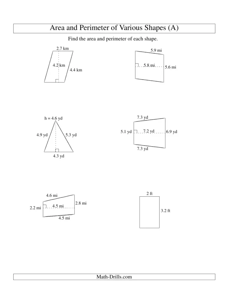 Free printable 3.2 D Math Worksheets featuring area and perimeter problems for various shapes