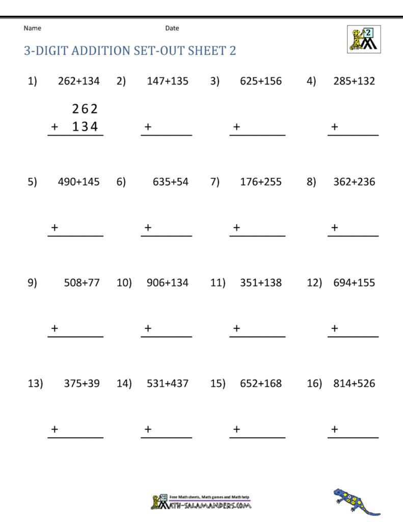 Free printable 3-digit addition worksheets designed for 2nd grade math practice