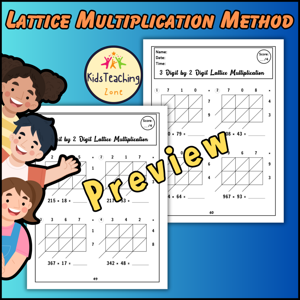 3 Digit by 2 Digit Multiplication Practice Worksheets Using Lattice ...