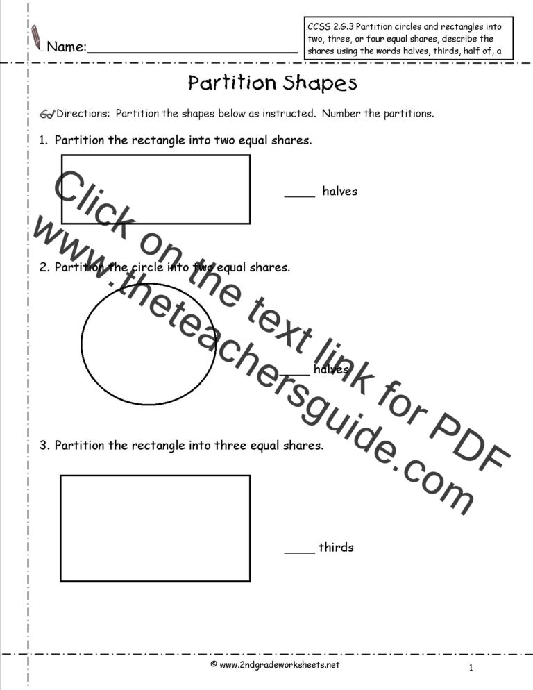 Free printable 3.G.A.2 Worksheets featuring partition shapes for educational use