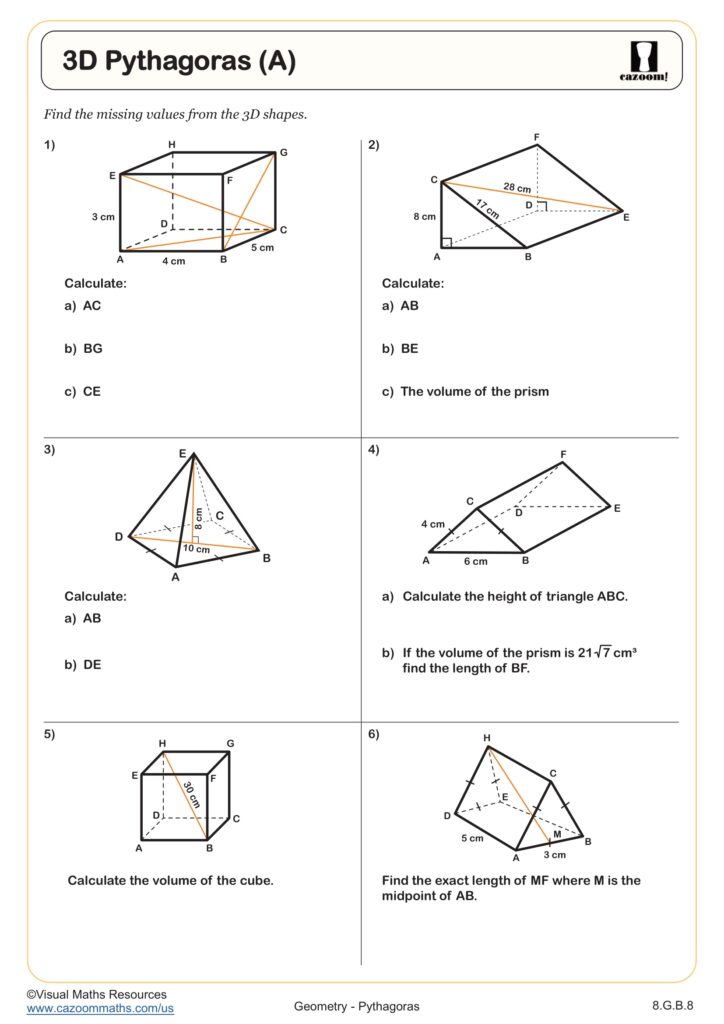 3D Pythagoras Worksheet for Solid Fun Math 3D Pythagoras worksheet for calculating dimensions and volumes