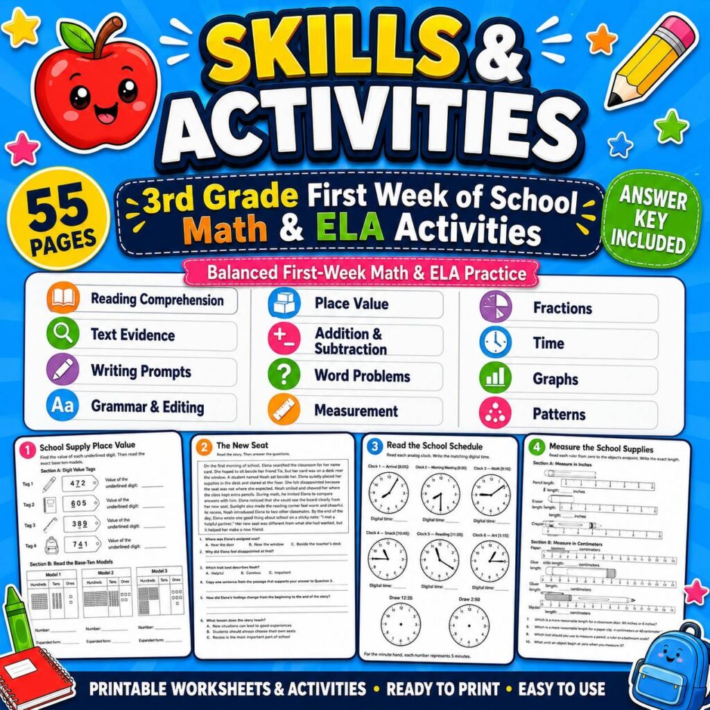 3rd Grade First Week of School Math & ELA Worksheets | Back to School 3rd Grade First Week of School Math & ELA Worksheets | Back to School