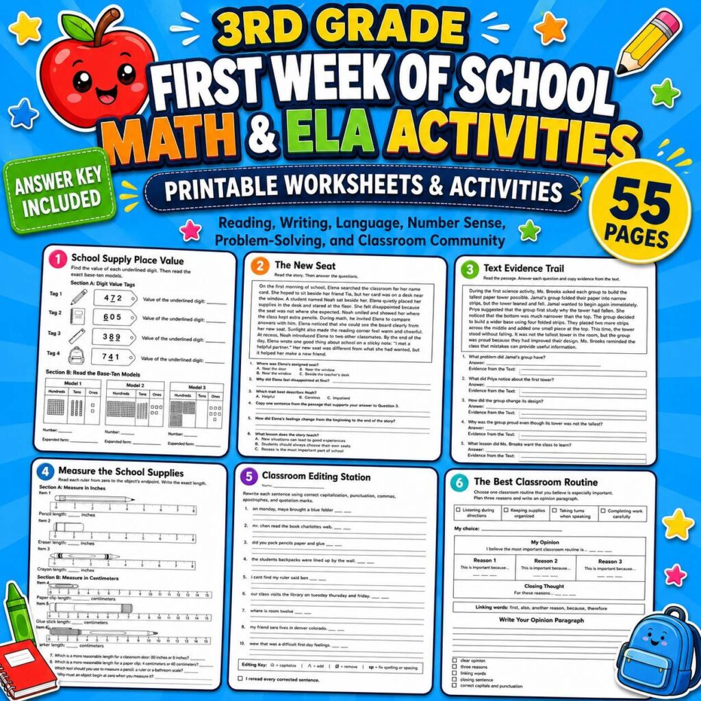 3rd Grade First Week of School Math & ELA Worksheets | Back to School 3rd Grade First Week of School Math & ELA Worksheets | Back to School