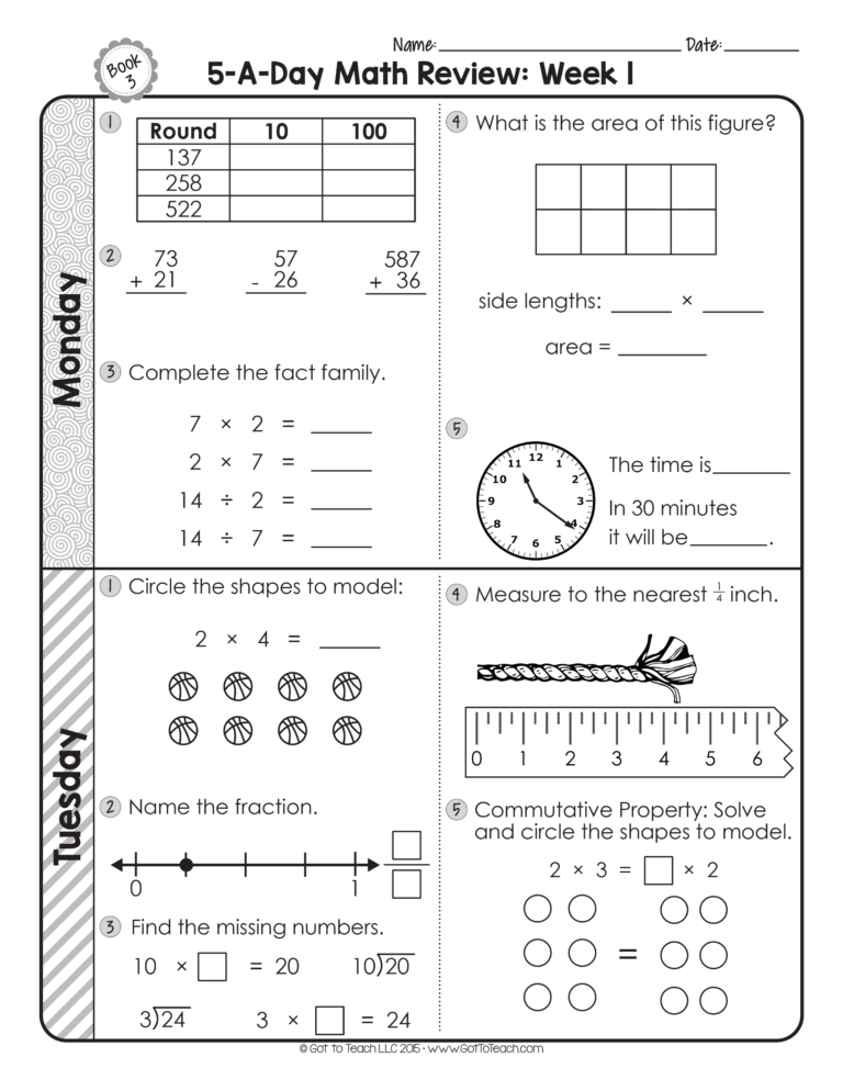 Free printable 3rd Grade Math Drill Sheets featuring daily math spiral review exercises