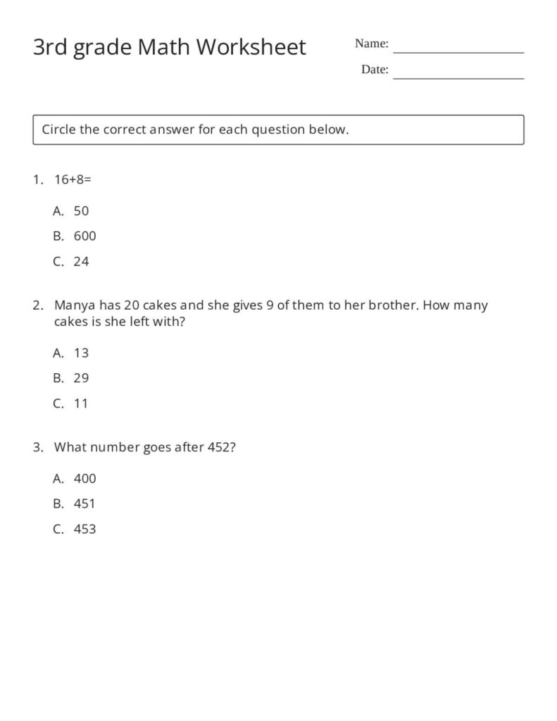 3rd Grade Math Pre-Test Worksheet 3rd grade math pre-test worksheet with multiple choice questions