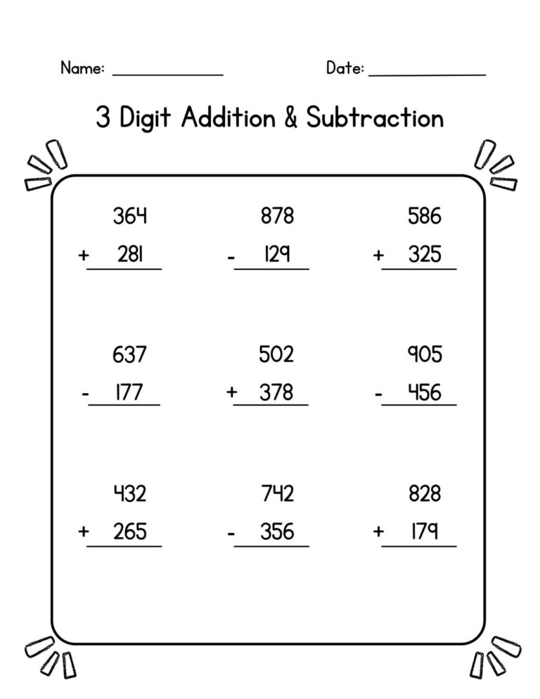 3rd Grade Math Printable Worksheet 2nd Grade featuring 3-digit addition and subtraction problems