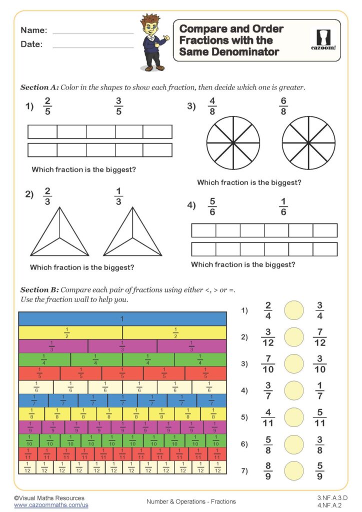 3rd grade math worksheets focusing on comparing and ordering fractions with visual aids