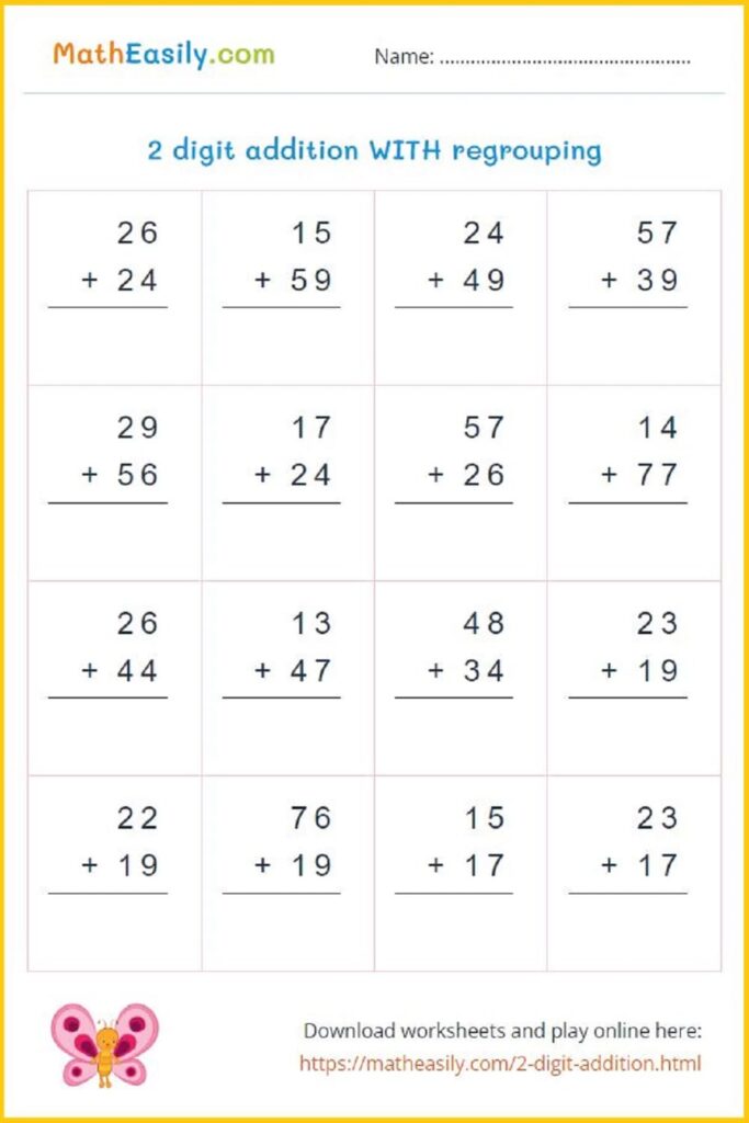 2 digit addition worksheet for 3rd graders with regrouping exercises