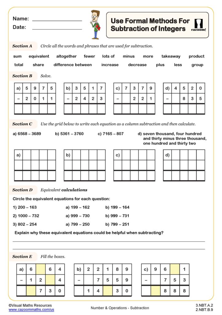 3rd Grade Math Worksheets – Printable Learning Resources Printable 3rd grade math worksheets focusing on subtraction methods and integer calculations