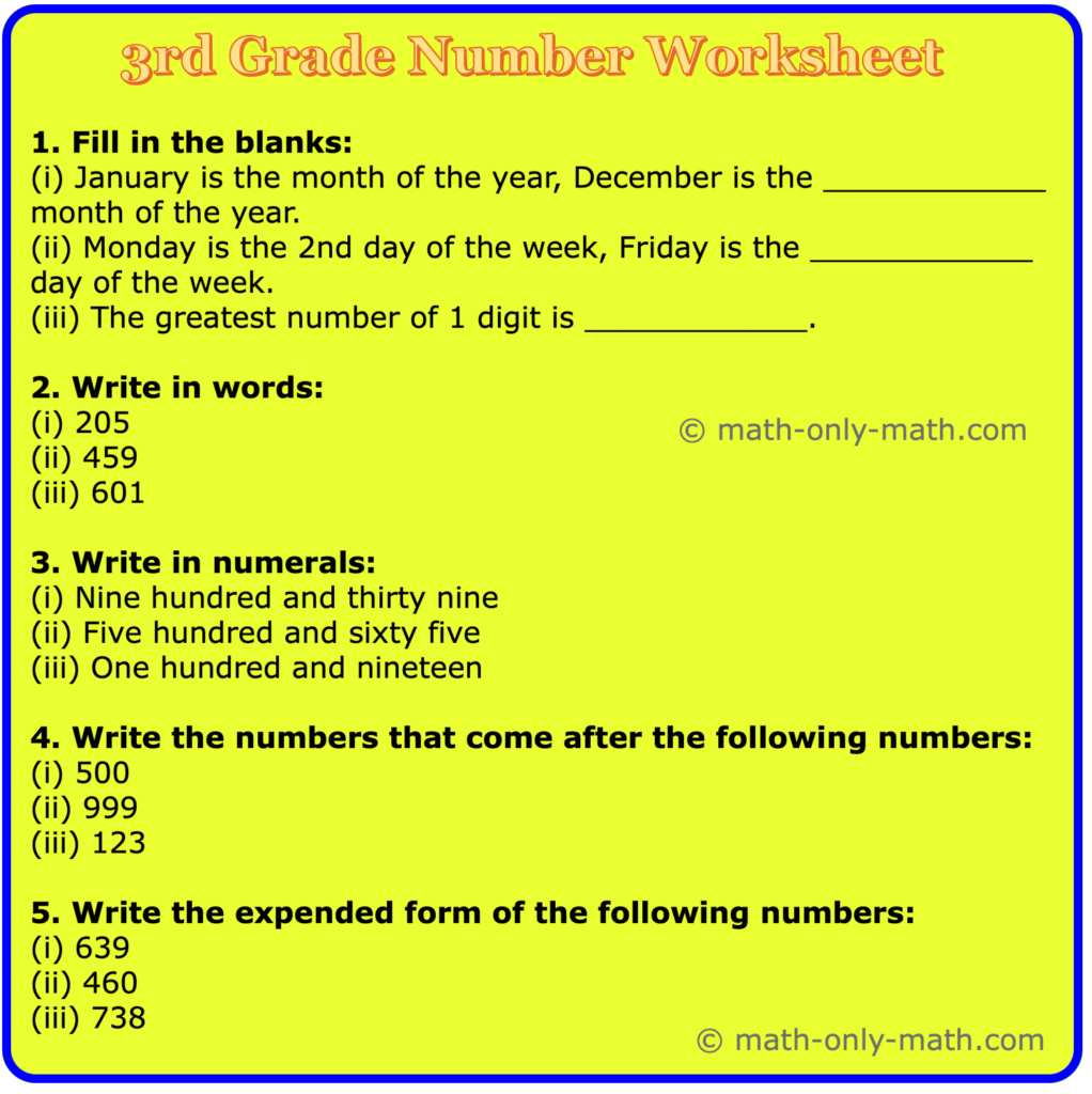 3rd Grade Number Worksheet for Math Practice 3rd Grade number worksheet with fill-in-the-blank and writing exercises
